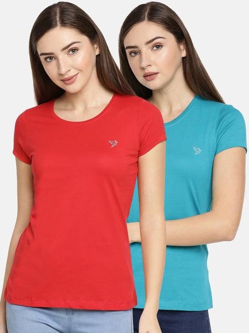 twin birds blue & red cotton logo print t-shirt - pack of 2