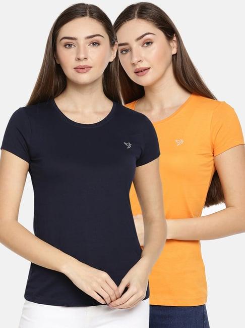 twin birds navy & orange cotton logo print t-shirt - pack of 2