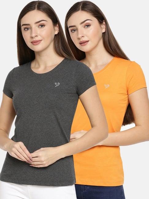 twin birds grey & orange cotton logo print t-shirt - pack of 2