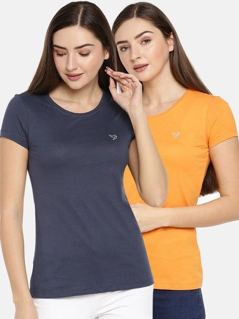 twin birds navy & orange cotton logo print t-shirt - pack of 2