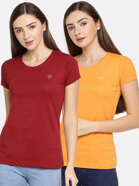 twin birds maroon & orange cotton logo print t-shirt - pack of 2