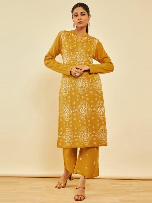 soch mustard acrylic ethnic motifs pattern knitted winter kurta set