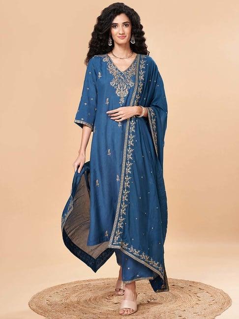 marigold lane blue embroidered kurta palazzo set with dupatta