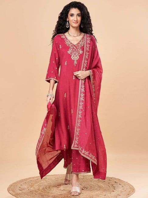 marigold lane pink embroidered kurta palazzo set with dupatta