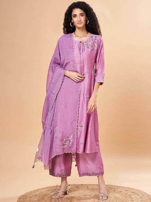 marigold lane purple embroidered kurta palazzo set with dupatta