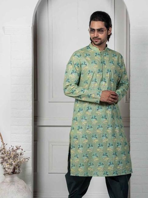 kisah green cotton regular fit floral print kurta