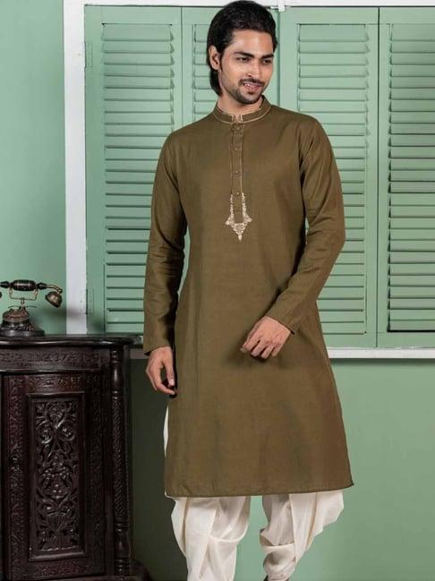 kisah olive cotton regular fit embellished kurta