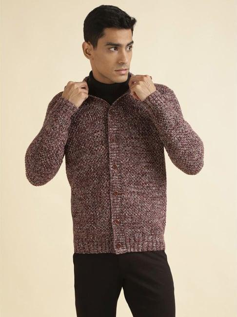 andamen burgundy cotton regular fit self pattern cardigan