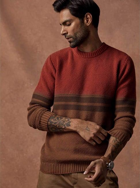 andamen red & brown cotton regular fit colour block sweater