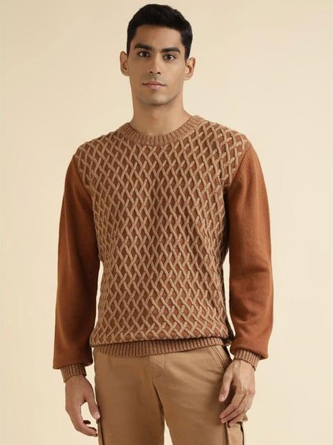 andamen brown cotton regular fit self pattern sweater