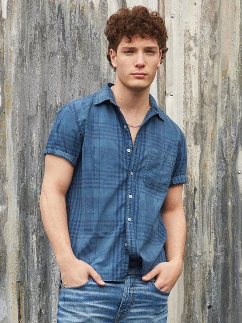 american eagle outfitters navy cotton regular fit checks shirt