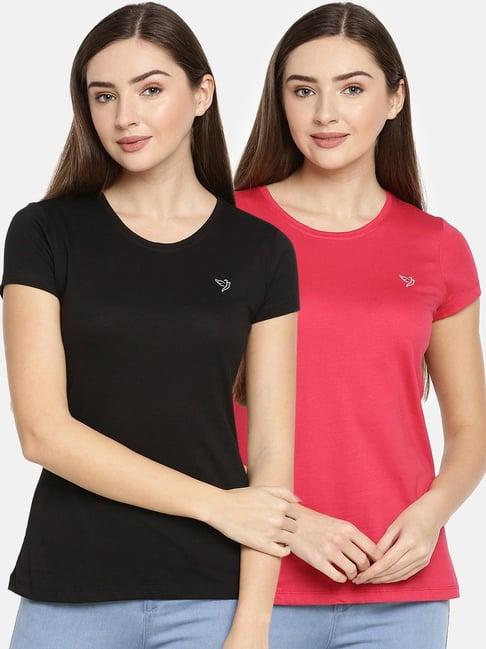 twin birds black & coral cotton logo print t-shirt - pack of 2