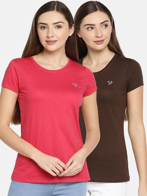 twin birds coral & brown cotton logo print t-shirt - pack of 2