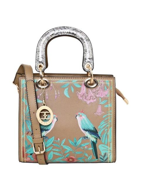 esbeda love birds beige pu printed handbag