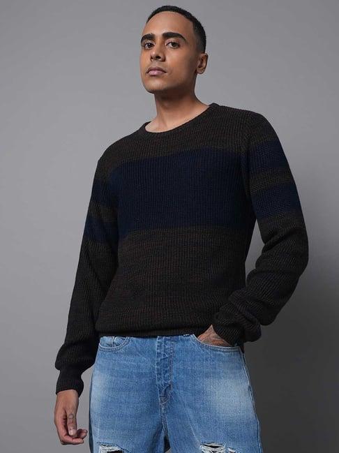 high star brown & blue regular fit striped sweater