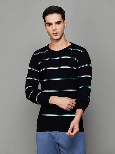 code by lifestyle black cotton regular fit striped sweaters