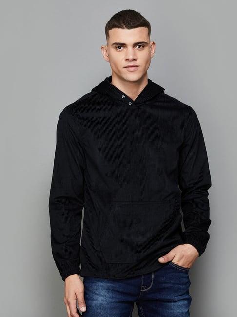 bossini black regular fit striped hooded sweatshirts