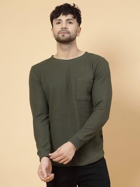 rigo green regular fit textured crew t-shirt