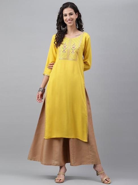 janasya mustard embroidered straight kurta