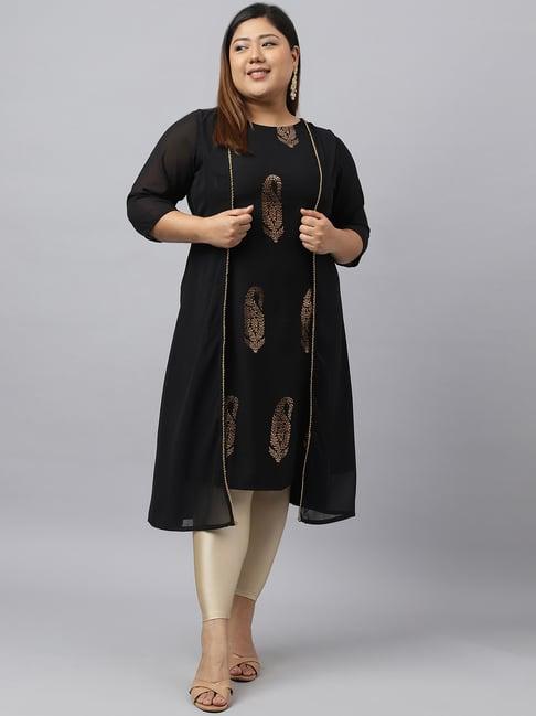 xl love by janasya black printed a line plus size kurta