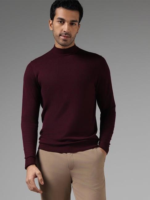 wes formals by westside solid dark wine slim fit high neck sweater