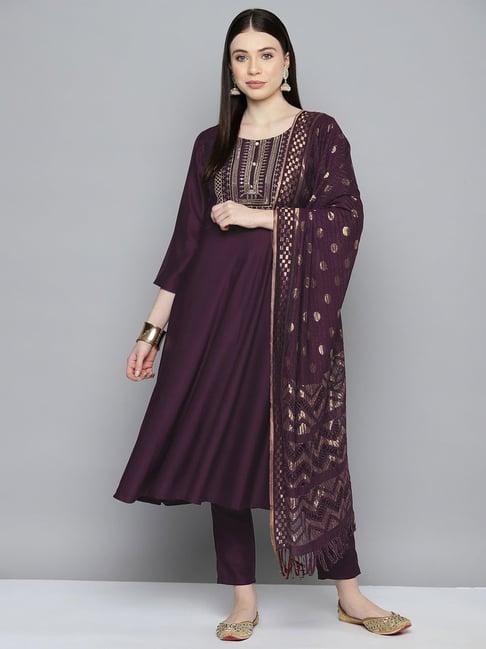 jompers purple embroidered kurta with pant & dupatta