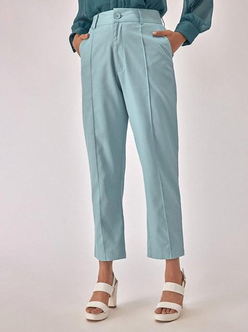 the label life sky blue regular fit high rise trousers