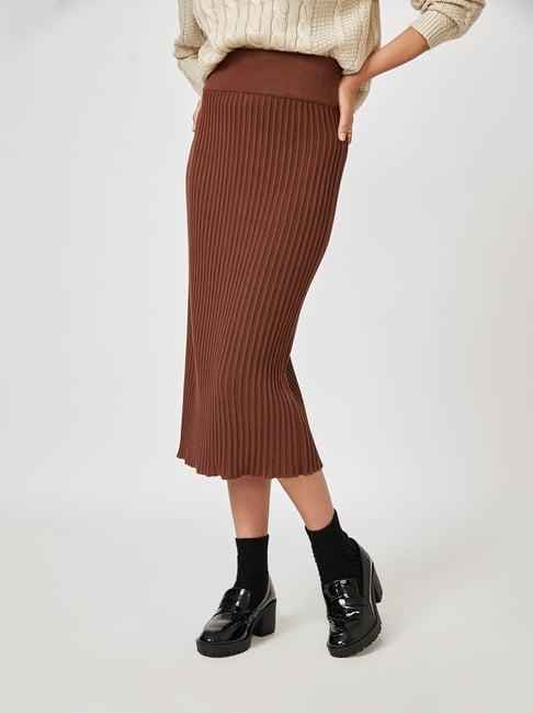 the label life brown striped bodycon midi skirt