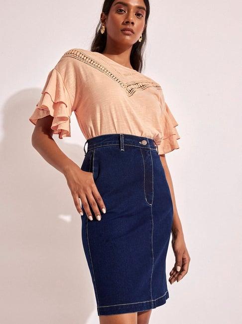 the label life denim blue pencil midi skirt