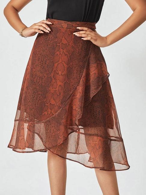 the label life burnt orange printed wrap midi skirt