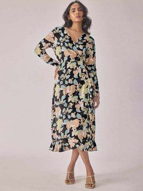 the label life black floral wrap dress