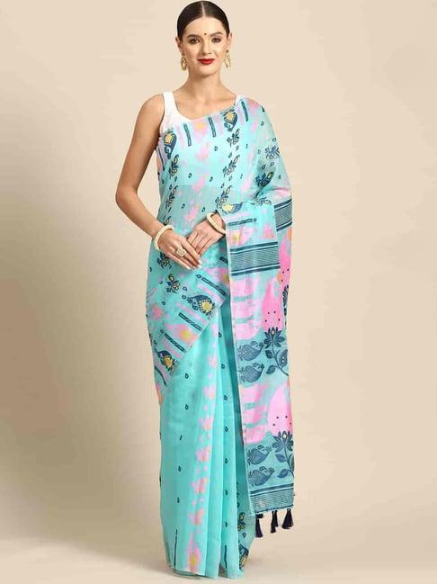 silk land turquoise pure cotton woven saree with unstitched blouse