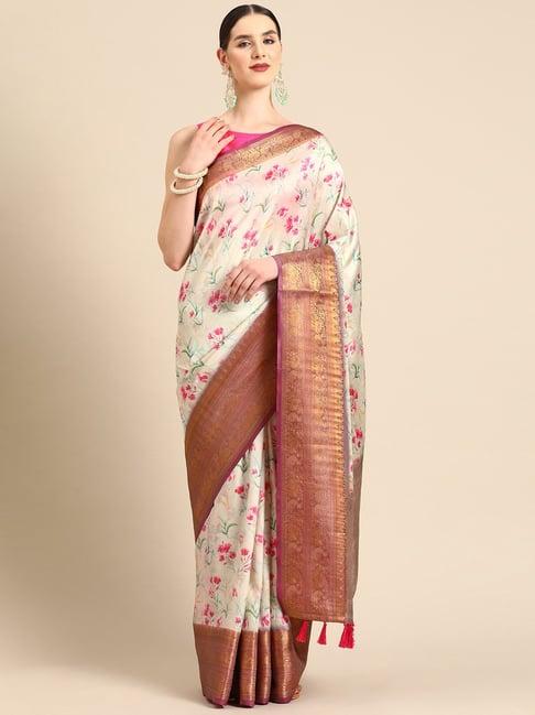 silk land beige silk floral saree with unstitched blouse