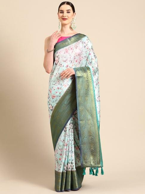 silk land sea green silk floral saree with unstitched blouse