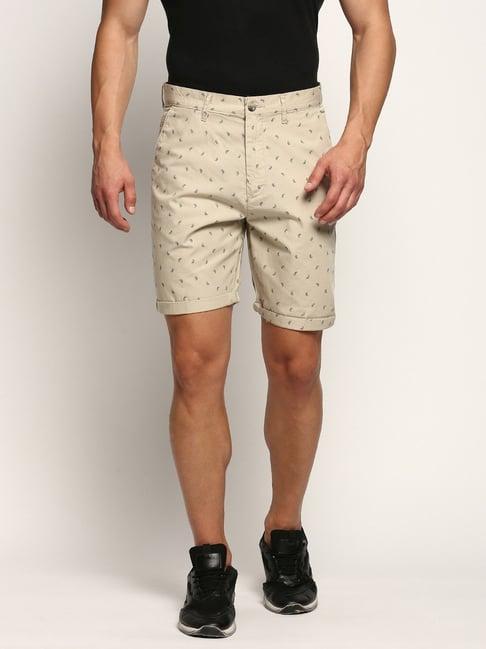 showoff beige slim fit printed shorts