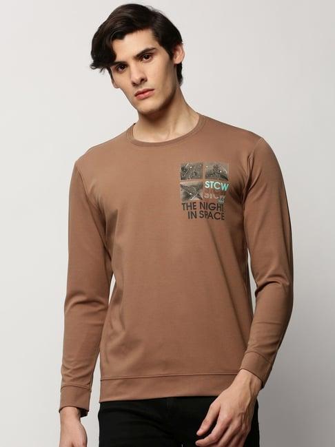 showoff taupe slim fit printed sweatshirt