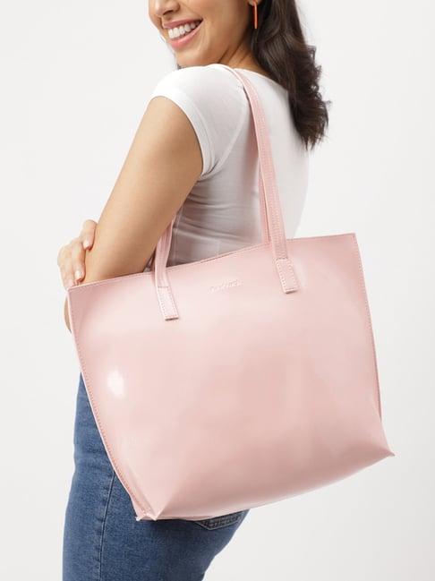 fastrack powder pink solid faux leather tote handbag