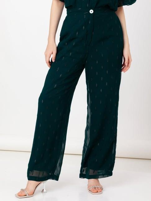 zink london teal self design regular fit high rise trousers