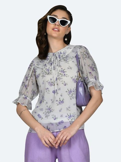 zink london white & lavender floral print top