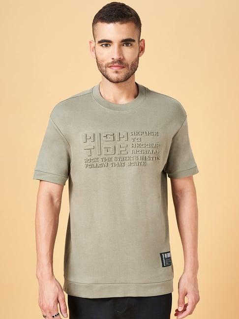 street 808 by pantaloons olive cotton boxy fit printed t-shirt