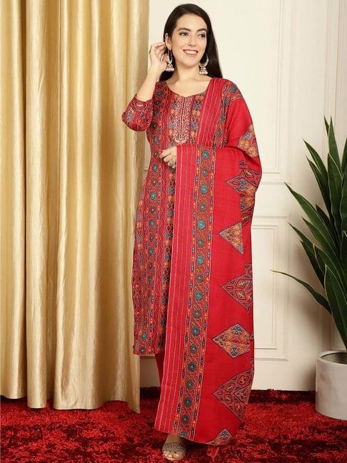 stylee lifestyle red printed unstitched dress material