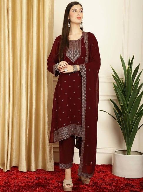 stylee lifestyle maroon embroidered unstitched dress material