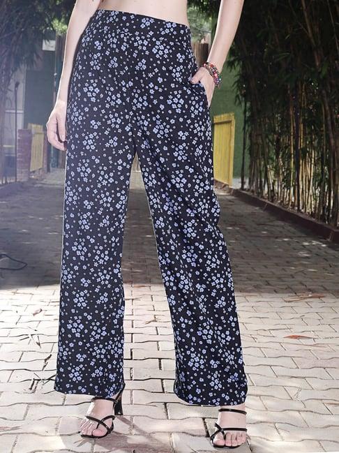 sera black & blue floral print flared fit mid rise trousers