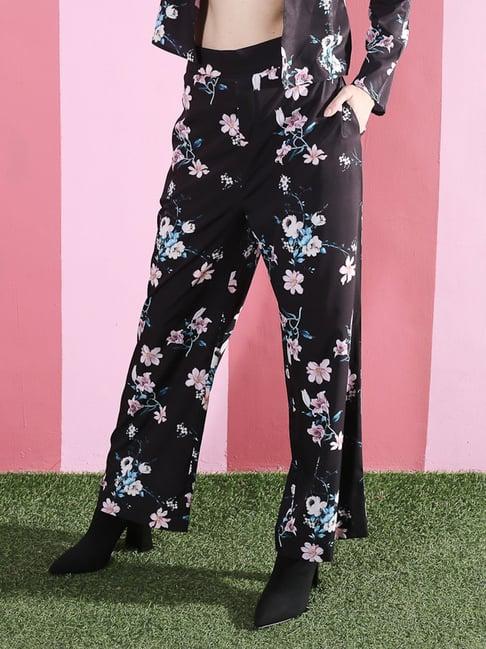 sera black & pink floral print flared fit mid rise trousers