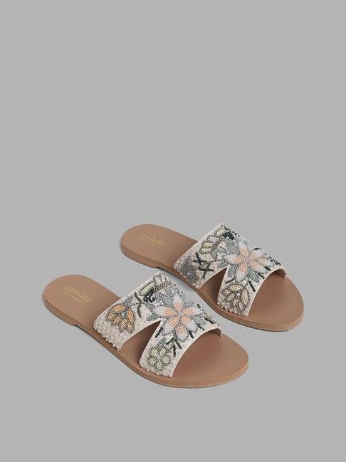 luna blu by westside ivory beaded floral embroidered slides