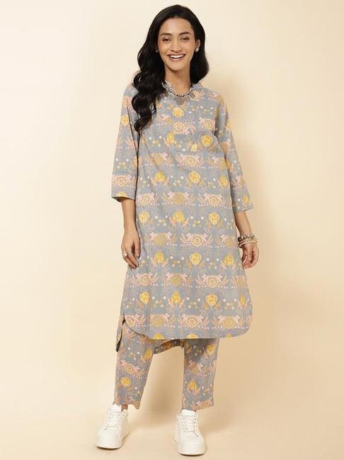 fabindia grey cotton printed kurta pant set