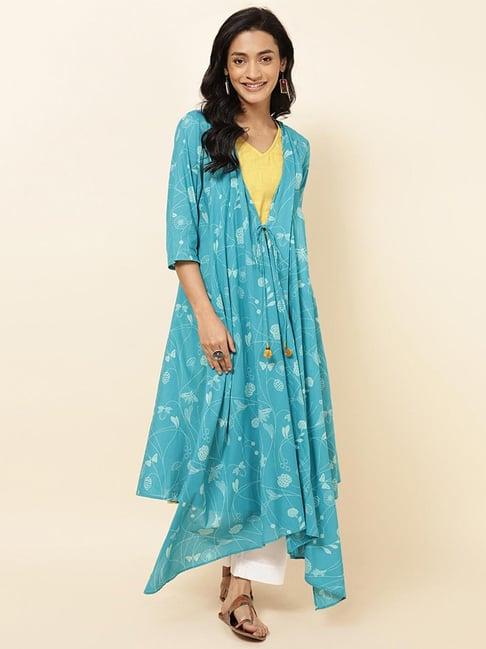 fabindia blue cotton floral print high low kurta