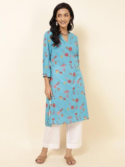 fabindia turquoise cotton floral print straight kurta