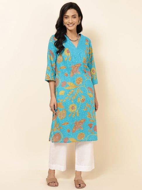 fabindia turquoise cotton floral print straight kurta