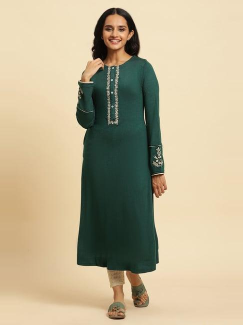 w green & beige embroidered kurta leggings set